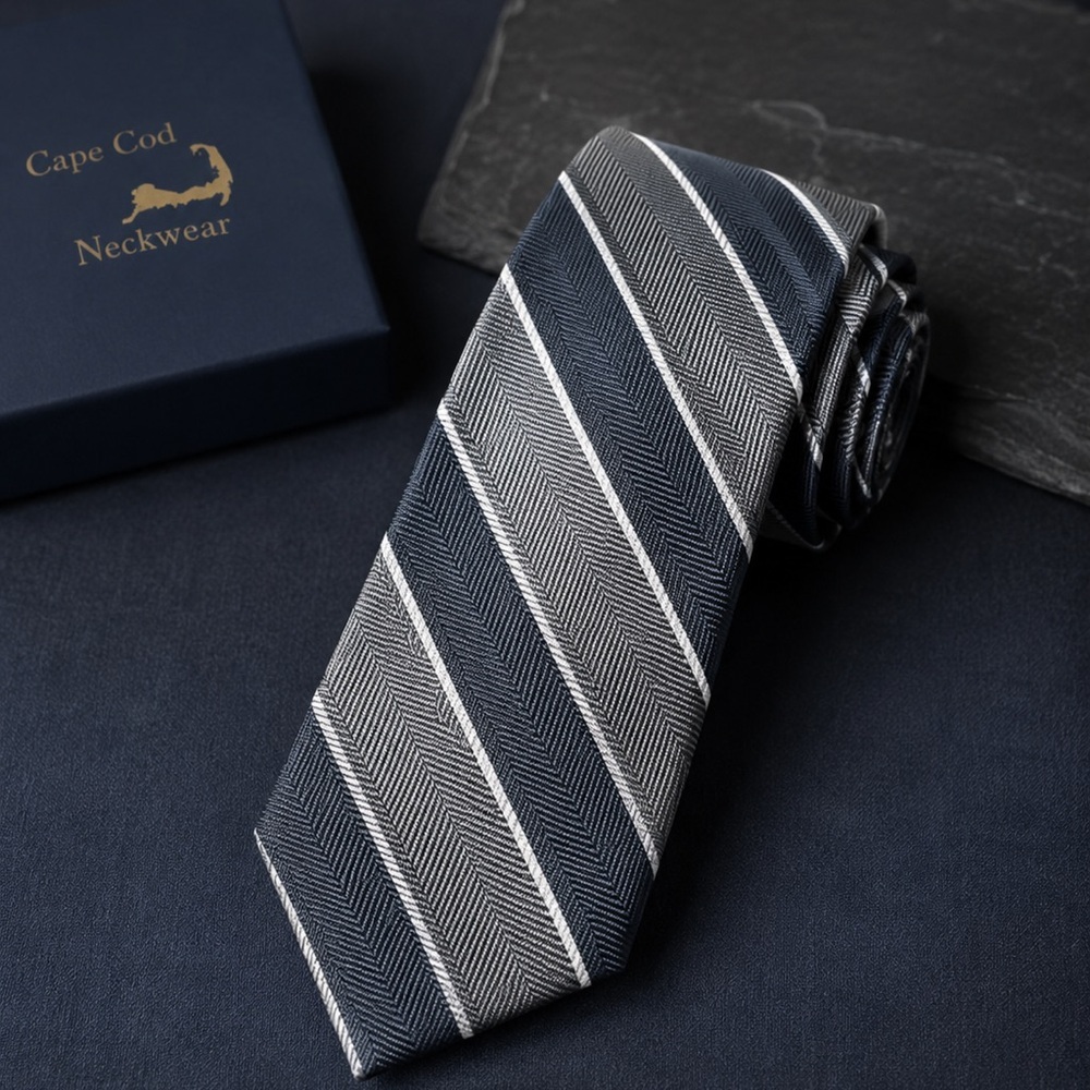 Cape Cod Neckwear Men’s Silk Tie Gray Herringbone Diagonal Stripe New with Tags